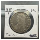 1818 Capped Bust Silver Half Dollar 18 Over 7