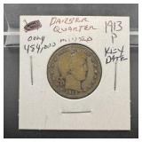 1913-p Barber Silver Quarter Key Date