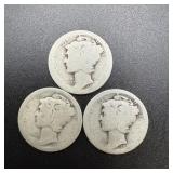 (3) Unreadable-date Silver Mercury Dimes