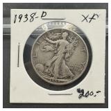 1938-D XF Walking Liberty Silver Half Dollar Key D