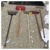 Five rakes including one garden rake and one dual-