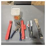 SENCO stapler, Super Bonder rivet gun, and tin sni