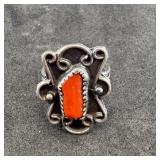 Native American Sterling Silver Coral Ring, 4.3 GR