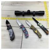 (4) Folding Knives & UX UmareX 4x32 Scope