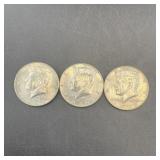 Three 40% Silver Kennedy Half Dollars Including 19