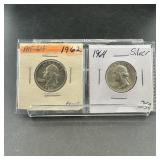 Two Silver Washington Quarters (1962 & 1964)