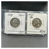 Two Silver Washington Quarters (1955 & 1955-d Over