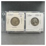 Two Silver Washington Quarters (1950-d & 1950-s)