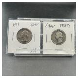 Two Silver Washington Quarters (1951 & 1951-d)