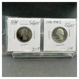 Two Silver Washington Quarters (1934 & 1976-s Bice