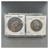 Two Franklin Silver Half Dollars (1958-d & 1959)