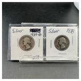 Two Silver Washington Quarters (1937-d & 1938)
