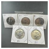 Five 40% Silver Kennedy Half Dollars (1965"1969-