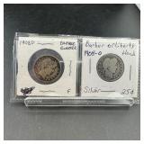 Two Barber Silver Quarters (1908&1909-D)