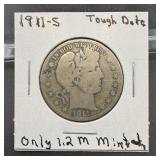 1911-S Barber Silver Half Dollar