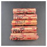 Five Rolls of Wheat Pennies by Decade (Times the B