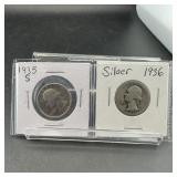 Two Silver Washington Quarters (1935-s & 1936)