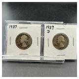 Two Silver Washington Quarters (1937 & 1937-d)