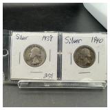 Two Silver Washington Quarters (1939 & 1940)