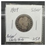 1909 Barber Silver Quarter