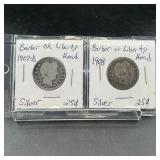 Two Barber Silver Quarters (1907-D & 1908)