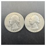 (2) 1942 silver Washington quarters