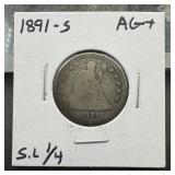 1891-S Seated Liberty Silver Quarter, Small Letter