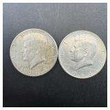 (2) 1964 Kennedy half dollars, 90% silver, higher