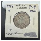 1914-A Germany 1 Mark, 90% silver