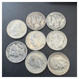 (8) Silver Dimes including (3) Mercury and (5) Roo