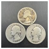 (3) silver Washington quarters dated 1935, 1936, a