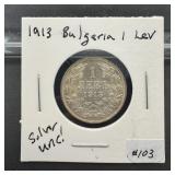 1913 Stunning Bulgaria 1 Lev Uncirculated Silver C