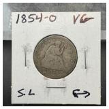 1854-O Seated Liberty Silver Quarter, Small Letter