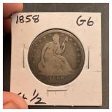 1858 Seated Liberty Silver Half Dollar, Small Lett