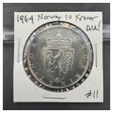 Stunning 1964 Norway Silver 10 Kroner 90% Silver C