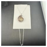 Fossil ammonite necklace, cut and polished, silver