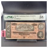 Rare Graded 58 1864 Confederate $10 Note
