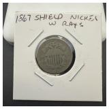 1867 Shield Nickel, with rays