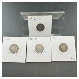 Barber Dime Lot - 1907, 11-d, 12 & 12-d (90% Silve