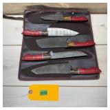 5-piece Damascus Knife Set; Includes Roll-up Case/