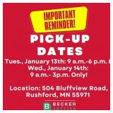 Pick-up, Tuesday, January 13th: 9 A.m.-6 P.m. & We