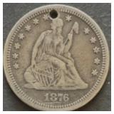 1876-cc Seated Liberty Silver Quarter, Holed, Key