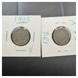 1905 And 1911 Liberty Head V Nickels.