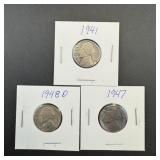 (3) Jefferson Nickels: 1941, 1947, 1948-d.