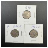 (3) Buffalo Nickels: 1936-p, 1936-d, 1936-s.