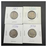 (4) Buffalo Nickels, Dates Include 1936 And 1937.