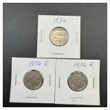 (3) Buffalo Nickels: 1936-p, 1936-d, 1936-s.