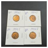 (4) 1954-s Bu Wheat Cents