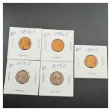 (5) Bu Wheat Cents - (3) 1954-s & (2) 1958-d