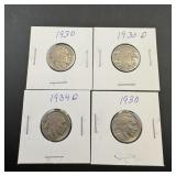 (4) Buffalo Nickels: 1930, 1930-d, 1932, 1934-d.